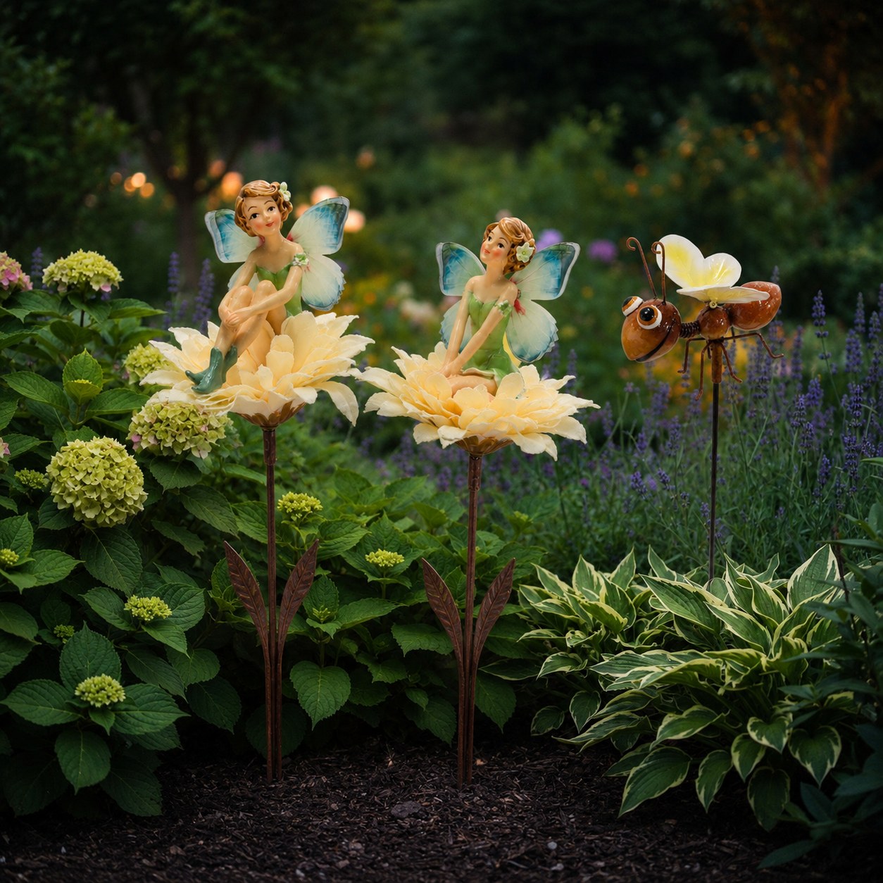 Metal garden fairy stakes styled in a garden