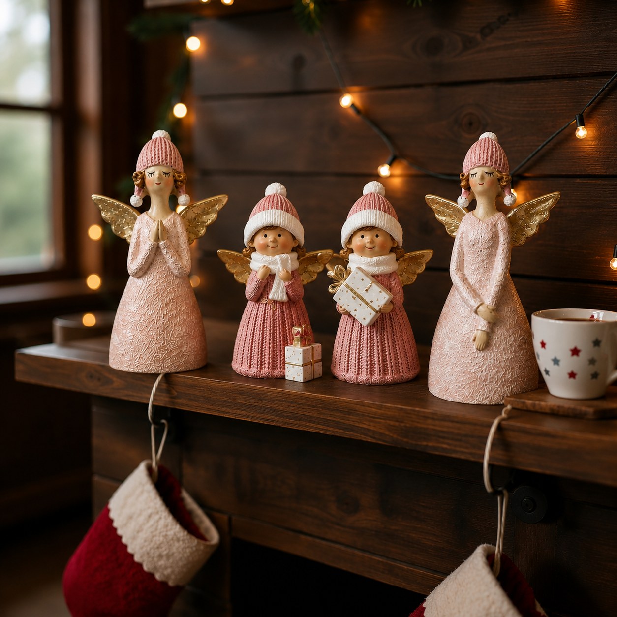 Pink knitted resin angels styled on a wooden mantel