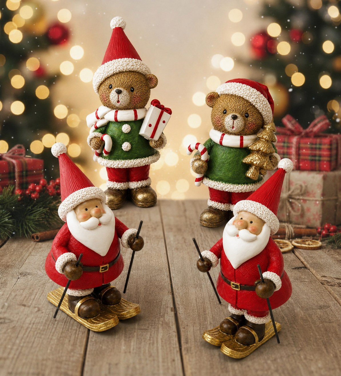 Resin Santa and teddy bear figurines styled