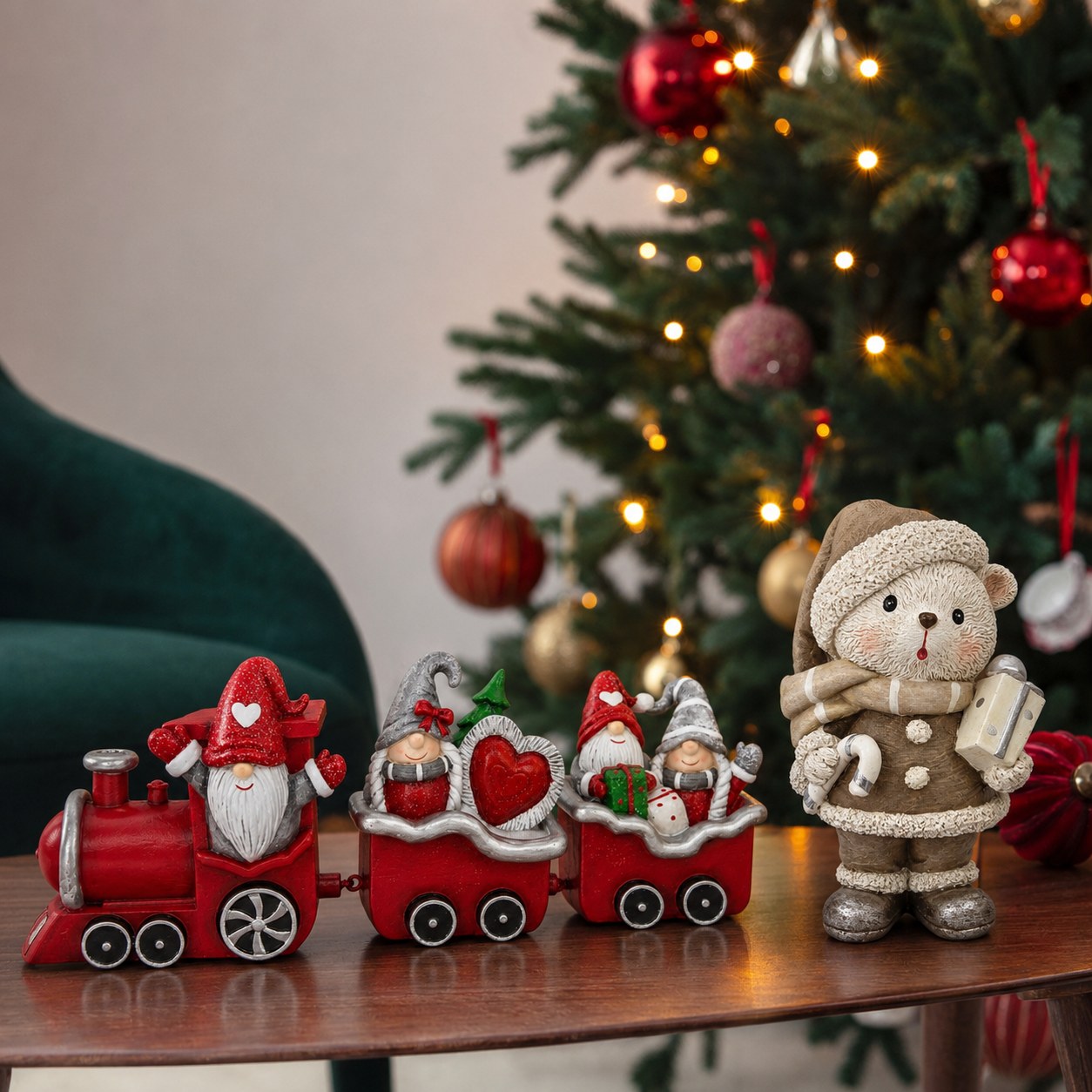 Resin gnome Christmas train and teddy bear styled